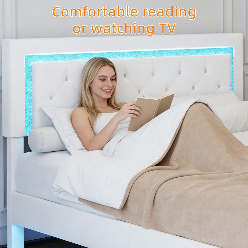 Queen Size Bed Frame with Headboard, Floating Bed Frame with LED Lights, Upholstered Platform Bed with Diamond Tufted Headboard
