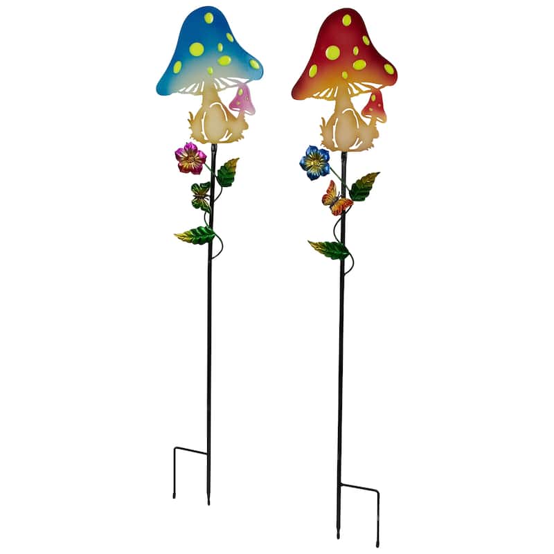 Solar Powered Mushroom Outdoor Garden Stakes - 36" - Set of 2 - Multi