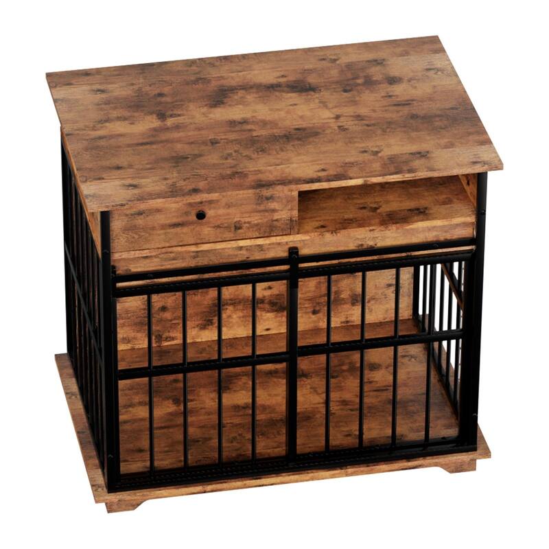 Dog Crate Furniture with Drawer & Sliding Door, Decorative Pet Kennel End Table for Medium Dogs, Wooden Dog Crate with Tray