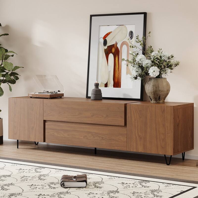 71" Walnut Finish TV Stand with Drawers & Closed Cabinets - Modern Media Console with Open Shelves