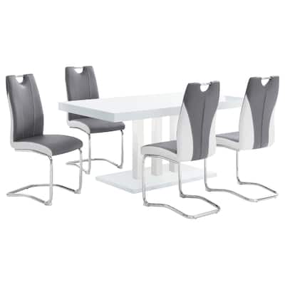Bosy 5pc Dining Table and 4 Chair Set, White Gloss, Faux Leather
