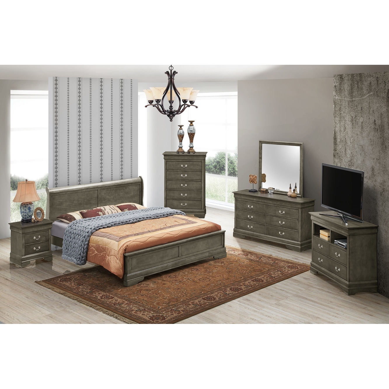 Louis Philippe - Cappuccino - 5pc Queen Panel Bedroom Set Ornate Furniture