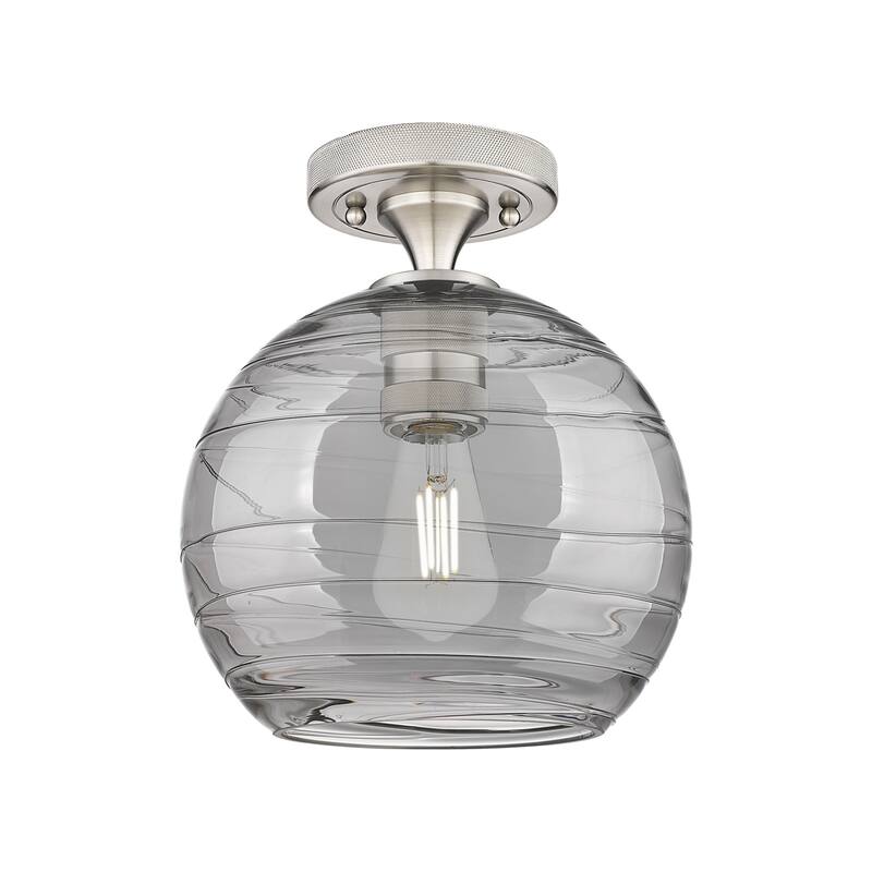 Innovations Lighting 434-1F-10-8 Crown Point Flush Mount Crown Point - Satin Nickel / Light Smoke Deco Swirl
