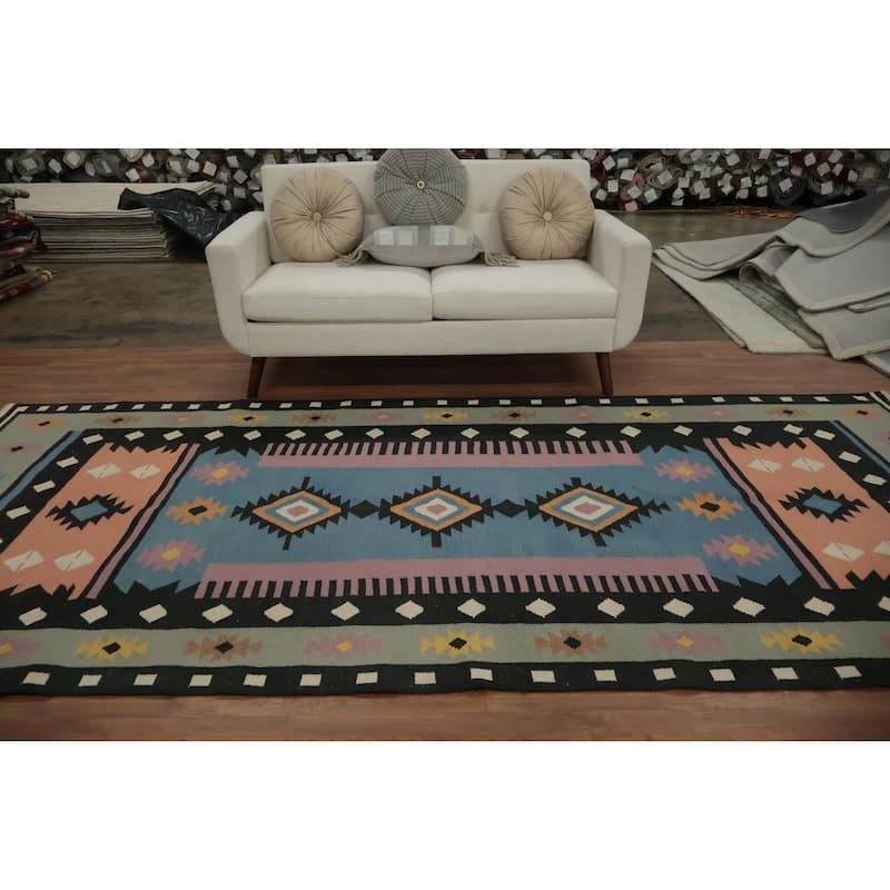 Hand Woven Oriental 100% Wool Carpet Southwestern Tribal Multi-Colored Kilim Area Rug - 11' 5'' X 5' 3''