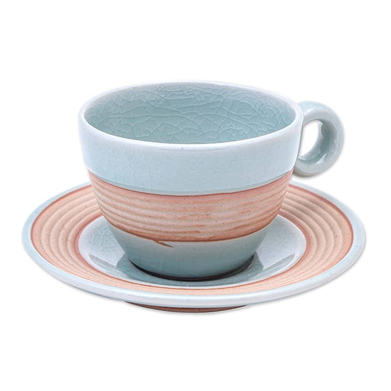 Celadon ceramic cup and saucer, 'Aqua Oasis'