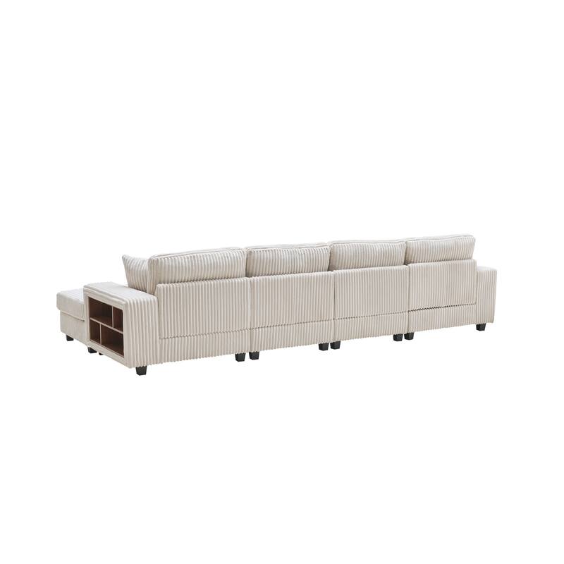 Modular Sectional Sofa with Dual Chaise Lounges, Corduroy Cloud Sofa with Armrest Storage Rack, Convertible 4-Seat Sleeper Sofa