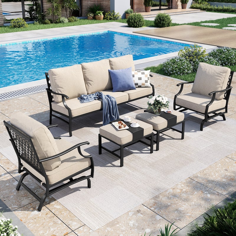 MAISON ARTS Patio Conversation Sets 5/7/9-Seat, Sofa Set with 2 Single Sofa Chairs, 3-Seater Sofa, Ottoman and Coffee Table - 5-Piece - Set 3-Rocking Chairs with Ottoman