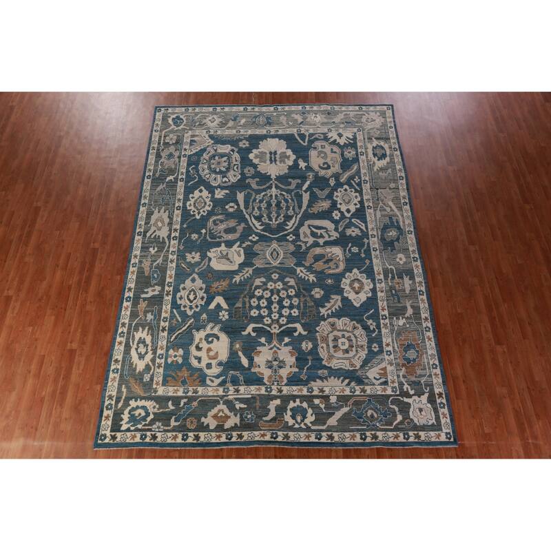 Hand Knotted Oriental 100% Wool Carpet Transitional All-Over Navy Blue & Blues Oushak Area Rug - 12' 4'' X 8' 11''