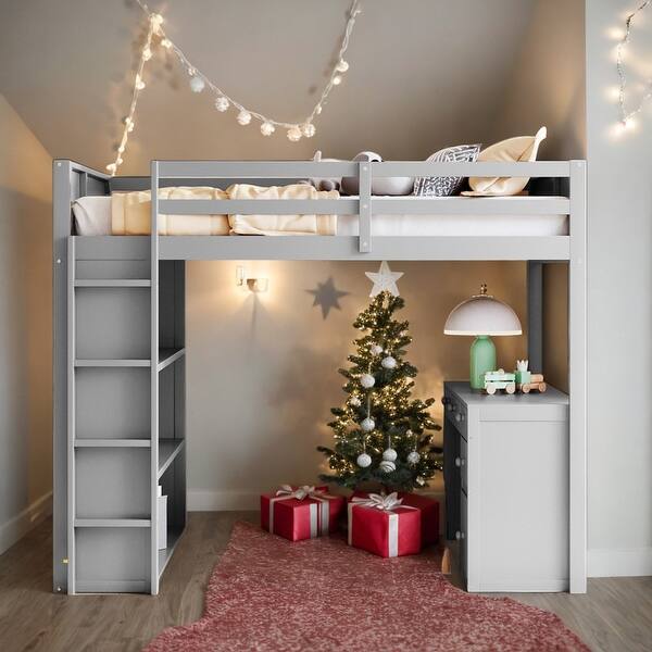 slide 2 of 22, Modern Full Size Loft Bed With Ladder,Shelves and Desk,Sturdy Construction for Bedroom Grey