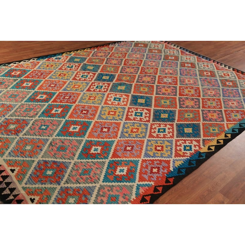 Trellis Kilim Oriental Area Rug Hand-Woven Wool Carpet - 8'2" x 11'2"