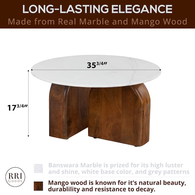 Modern 36" Round Coffee Table - Solid Mango Wood Base and Real White Marble Top, Natural Dark Finish