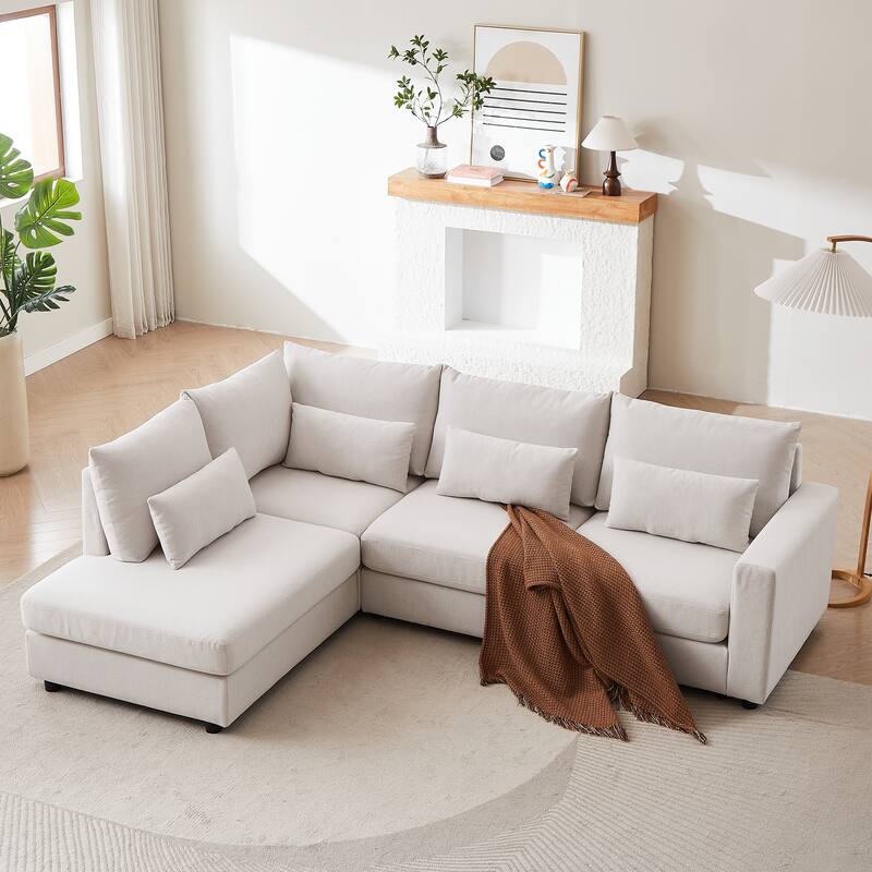 100.2" Linen L-Shaped Sectional Sofa with Ottoman & Lumbar Pillows