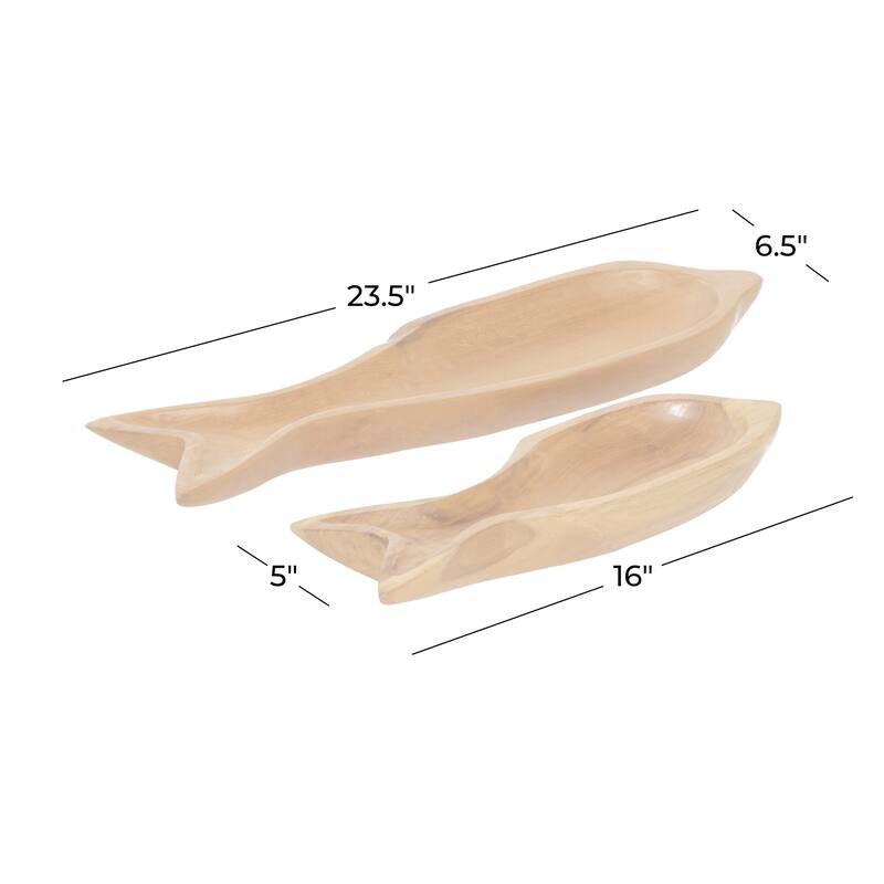 Brown Teak Wood Handmade Fish Living Room Decor Tray (Set of 2) - S/2 24", 16"W