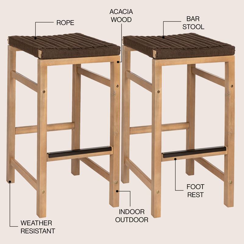 Armand Backless Acacia Wood Outdoor Stool with Woven Rope Seat, (Set of 2)