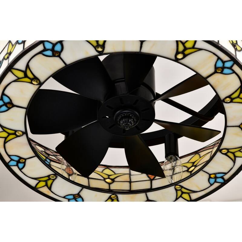 Fleur Carousel Ivory and Amber Tiffany Glass Lighted Ceiling Fan w Remote
