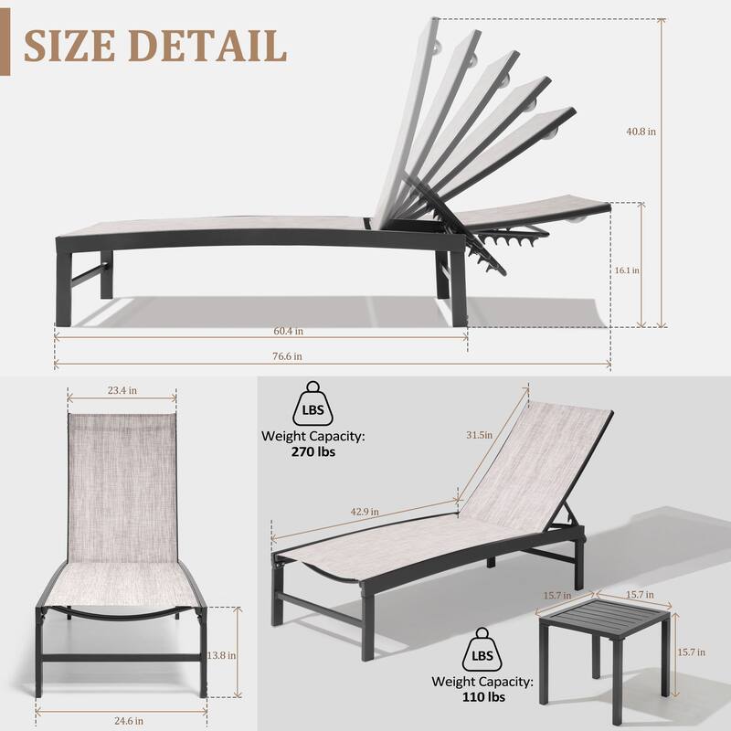 VredHom Outdoor Aluminum Adjustable Chaise Lounge Chairs and Side Table Set - 60.4 in L * 24.6 in W * 16.1/40.8 in H