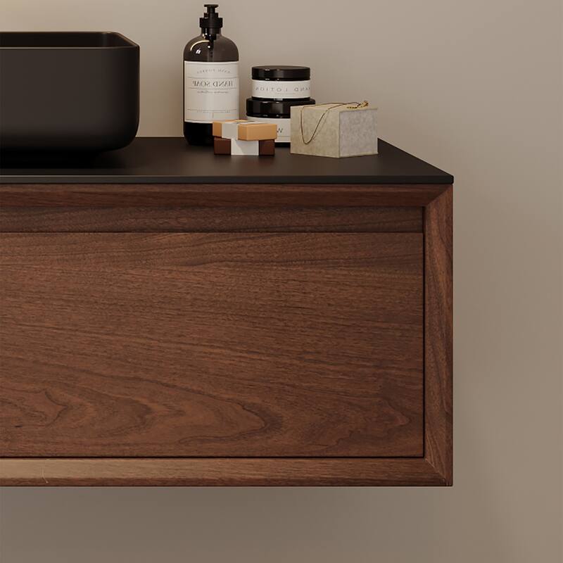 48" Modern Floading Single Bathroom Vanities, Solid Wood, Glossy Stone Vessel, Brown &Light Wood, Not Assembled Need