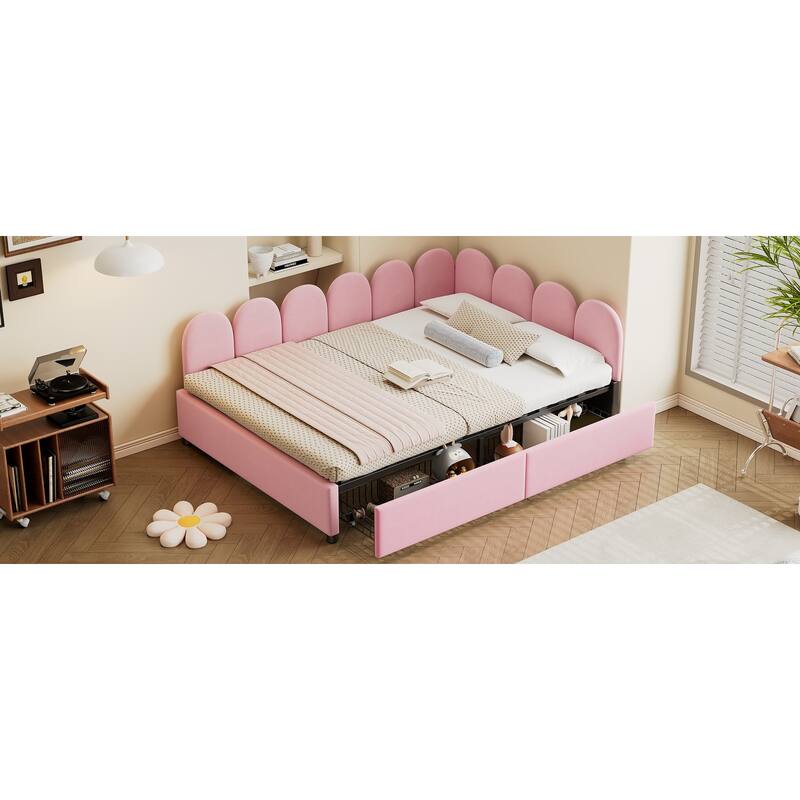Full Size Velvet Upholstered Daybed with Two Drawers and Soft Headboard