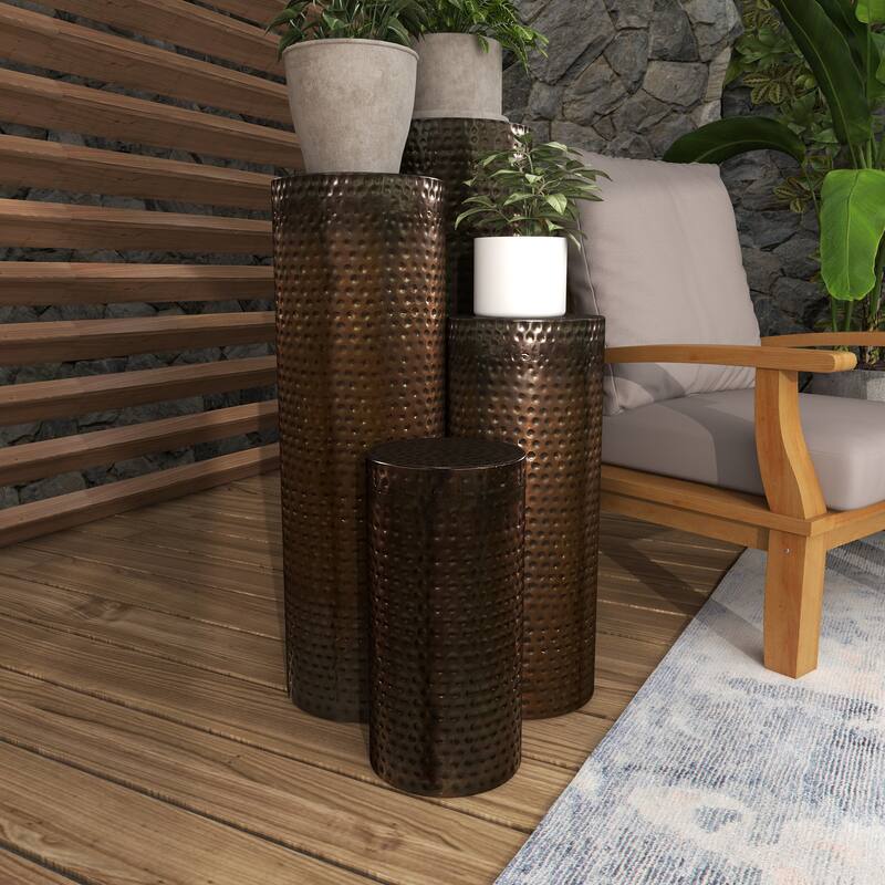 Brown Metal Pillar Style Pedestal Table with Hammered Design (Set of 4)