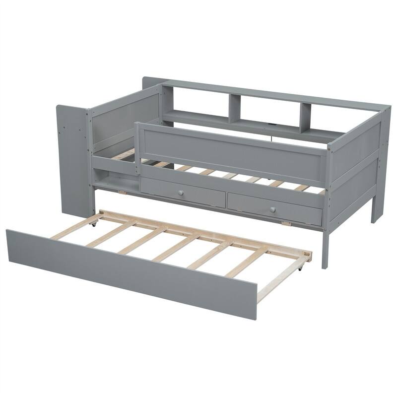 Multi-Functional Twin Size Daybed with 2 Drawers and Twin Size Trundle, Wooden Sofa Bed Frame w/ Headboard Storage & Study Desk