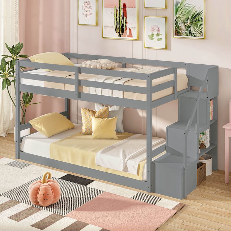 Costway Twin Over Twin Low Bunk Bed Solid Wood Floor Bunk Bed Frame