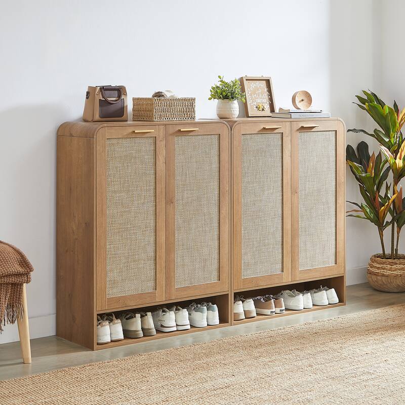 Rattan Shoe Cabinet with Doors & Open Bottom Shelf, Shoe Storage Cabinet with Adjustable Shelves, Wooden Shoes Rack Organizer