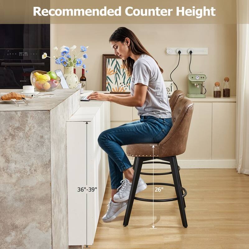 Bar Stools Set of 2, Modern Swivel Counter Height Bar Stools with Back and Wood Legs