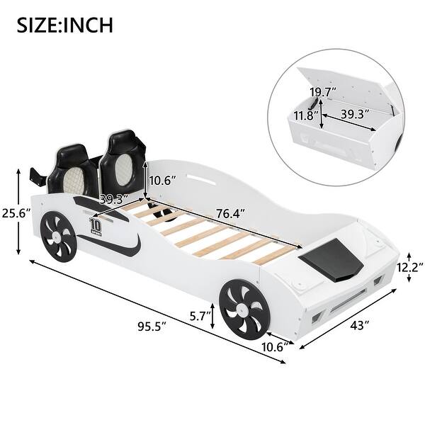 Adorable Twin Size Race Car-Shaped Platform Bed with Upholstered Backrest and Storage