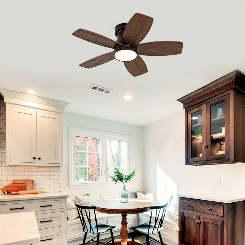 Ceiling Fans with Lights and Remote, 32 Inch Low Profile Ceiling Fan with Light, Flush Mount, Reversible - Black + Dark Walnut