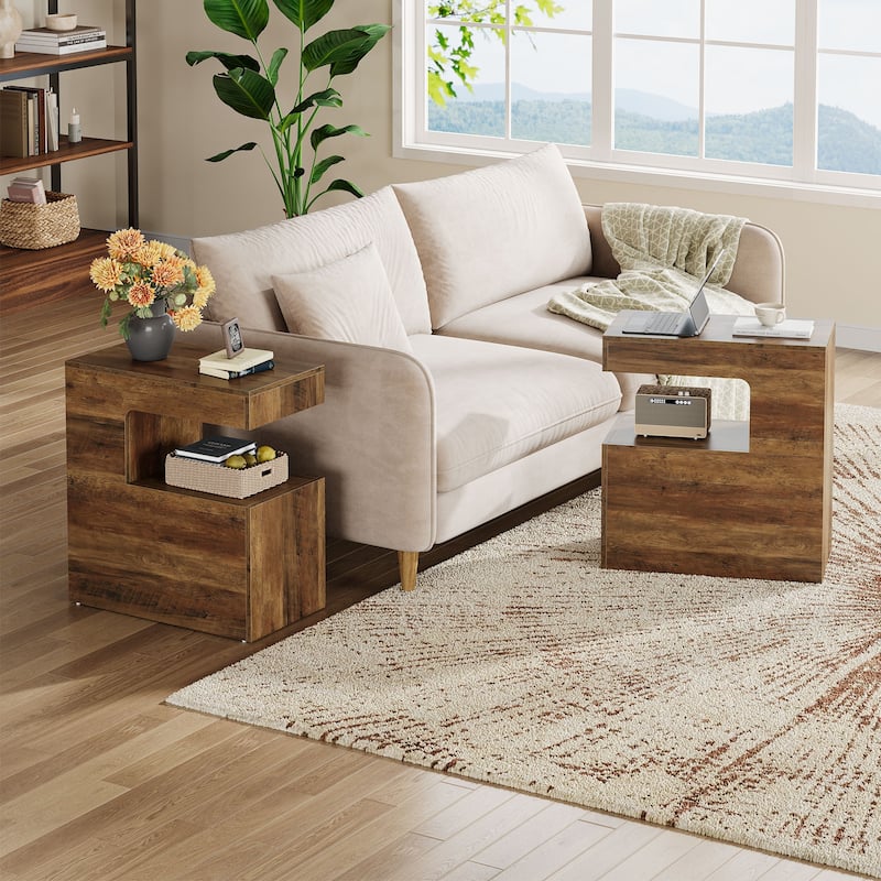 2-Tier C-Shaped End Table Couch Side Table for Sofa, Living Room