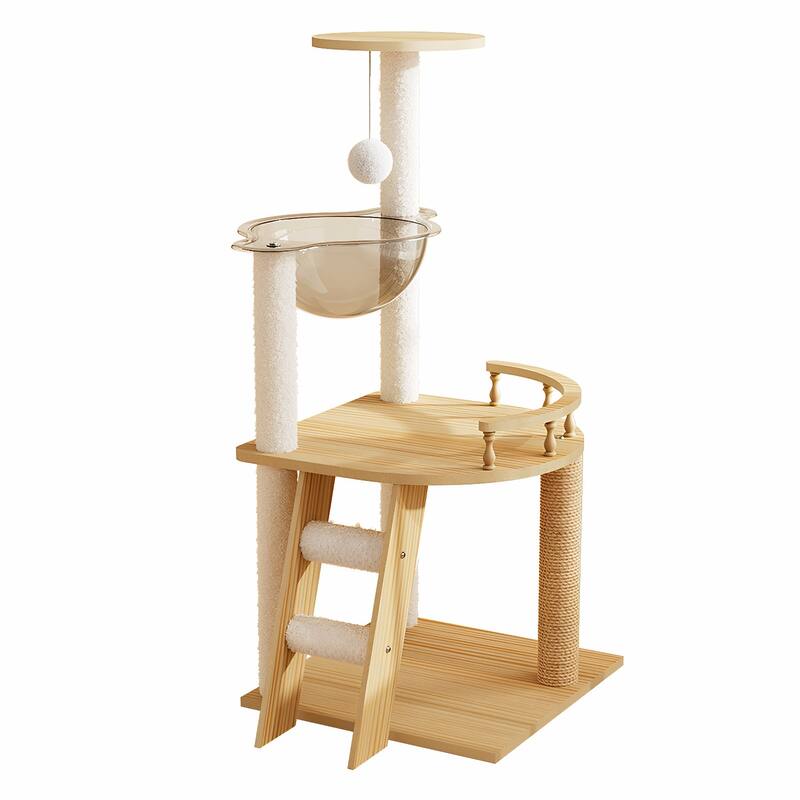 41.3" Modern Cat Tower, Wood Cat Tree Tower for Indoor Cats - Natural+White