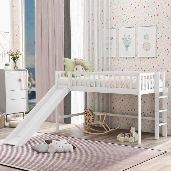 slide 2 of 13, White Twin Size Wood Low Loft Bed with Ladder and Slide for Kids, Boys and Girls White
