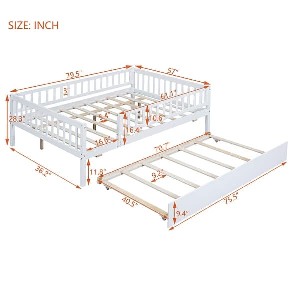 dimension image slide 6 of 8, Wood Daybed with Trundle and Fence Guardrails