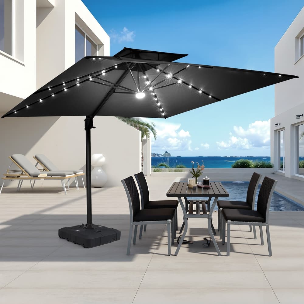 VredHom 9 x 11ft Outdoor Aluminum Dual Top Cantilever Patio Umbrella LED Light with HDPE Base