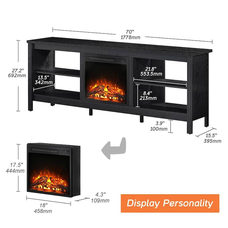 Wood Fireplace TV Stand for 75 Inch TV Entertainment Center, 70 Inch