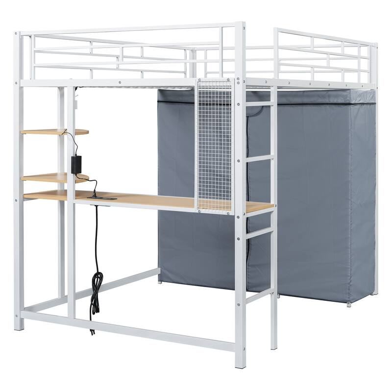 Full Size Metal Loft Bed with Built-in Desk, Wardrobe & Power Outlet - 350LB Capacity