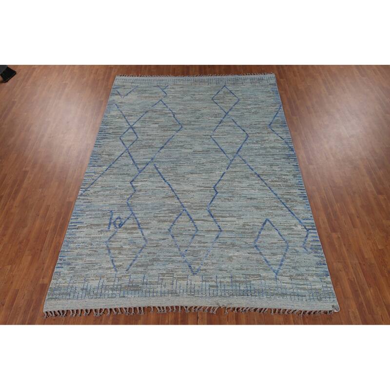 Moroccan Oriental Area Rug Hand-Knotted Blue Wool Carpet - 8'9" x 12'9"