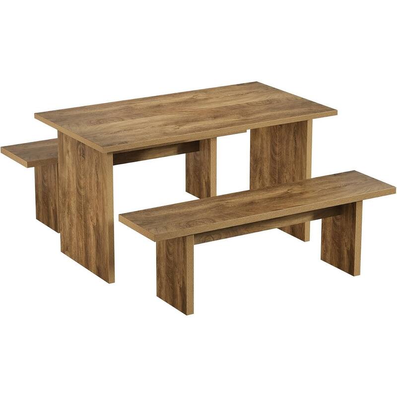 3 Pieces Rectangular Dining Table Set with 2 Benches, 55" Farmhouse Kitchen Table Set
