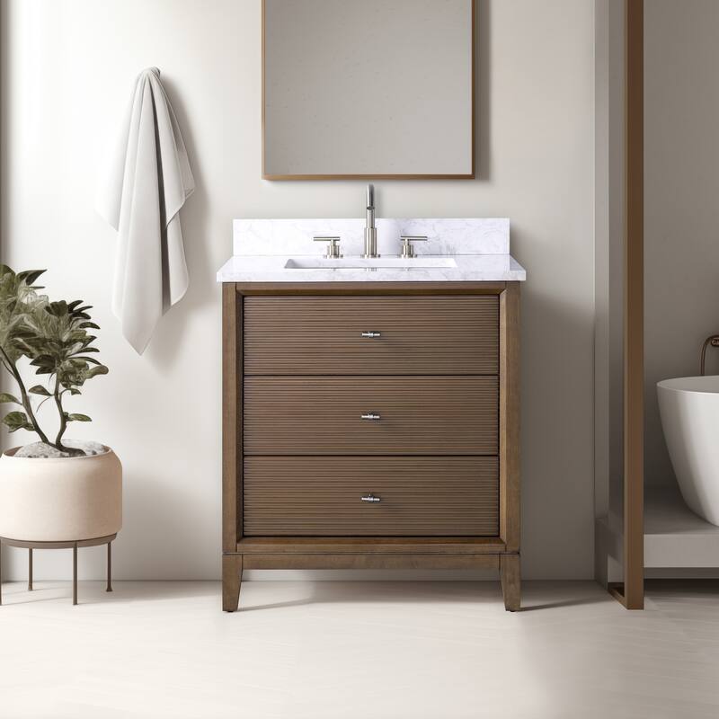Vanity Art 30" Freestanding Bathroom Vanity with Engineered Marble Top and Sink - 30"/Brushed Nickel - Walnut
