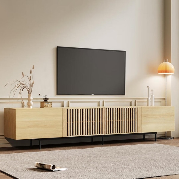 Stylish mid century modern TV stand for up to 80 TVs. Ample storage for media devices cable management. easy assembly
