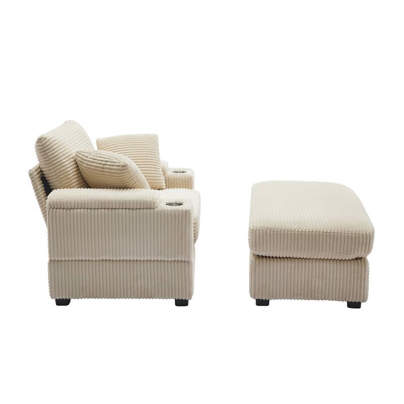 Corduroy Sofa Sets with Ottoman, Handrail Storage and Cup Holders