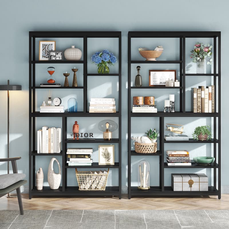 Staggered Bookcase Open Book Shelves Wood Etagere Display Shelf for Living Room