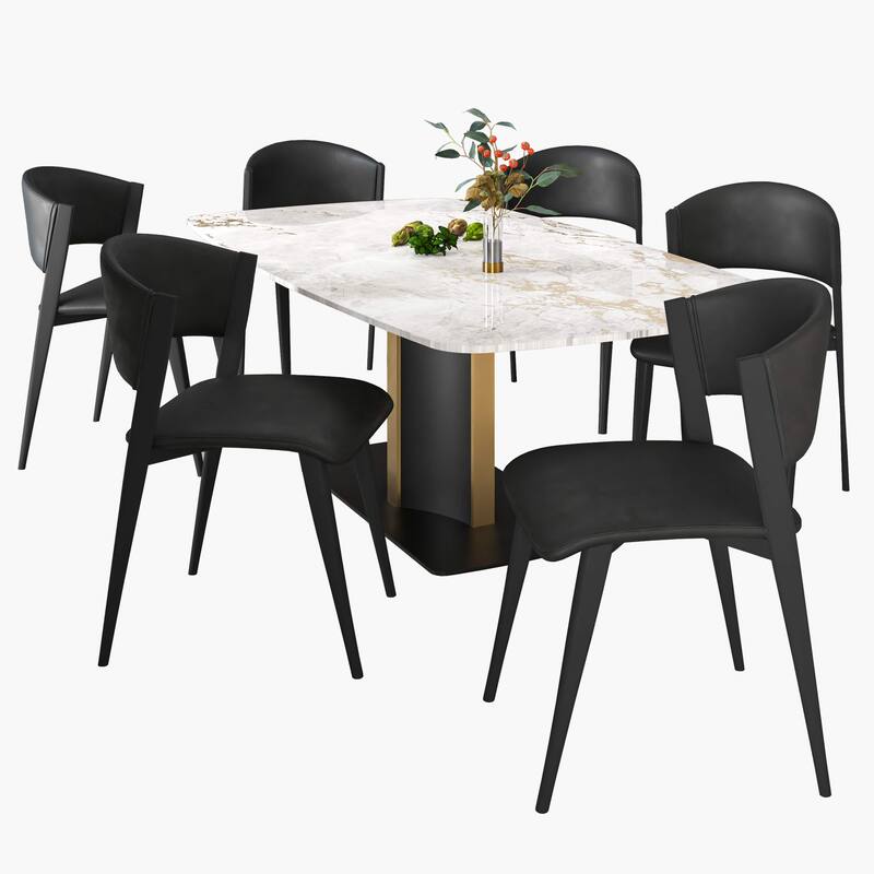7-Piece Dining Set with 55-Inch Sintered Stone Dining Table and 6 Leather Side Chairs
