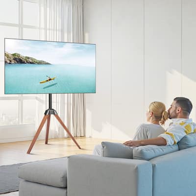 Tripod TV Stand for 40-65 inch TVs with Oak Wood Legs and Rotation - 35.83 x 20.08 x 56.69 in