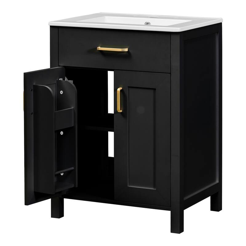 Small Bathroom Vanity with Ceramic Sink, Bathroom Cabinet with 2 Soft Close Doors & Drawers, Freestanding Storage Cabinet