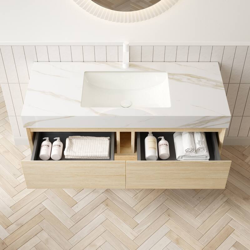 Floating Bathroom Vanity Cabinet with Ceramic Sink & Auto-Sensing LED Light, 30"/48" Sintered Stone Top Bathroom Vanity