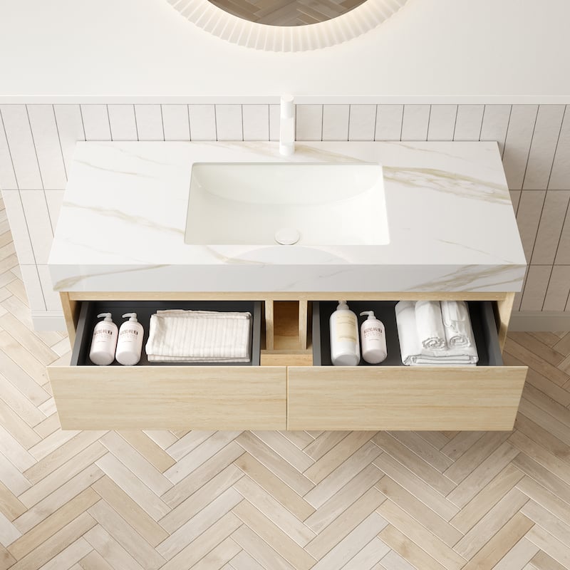 GDFStudio - Frigga Modern Floating Beveled Edge Bathroom Vanity with Sensor Light & Calacatta Gold Sintered Stone Top - 48"