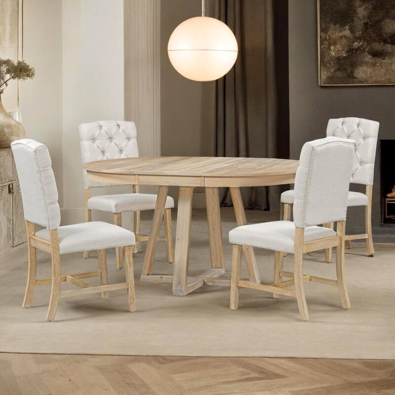 5-Piece Retro Functional Dining Set, Included Round Table with a 16" W Leaf and 4 Upholstered Chairs for Kitchen