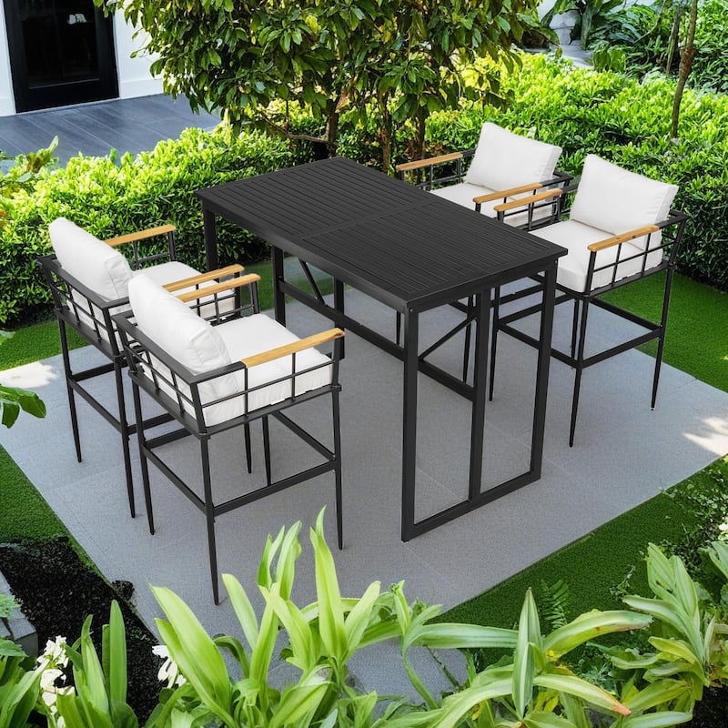 5-Piece Outdoor Iron Counter Height Dining Set with Table and 5 Acacia Wood Armrest Chair - Beige