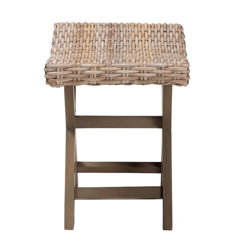 Hayate Bohemian Grey Kubu Rattan and Mahogany Wood Ottoman Footstool